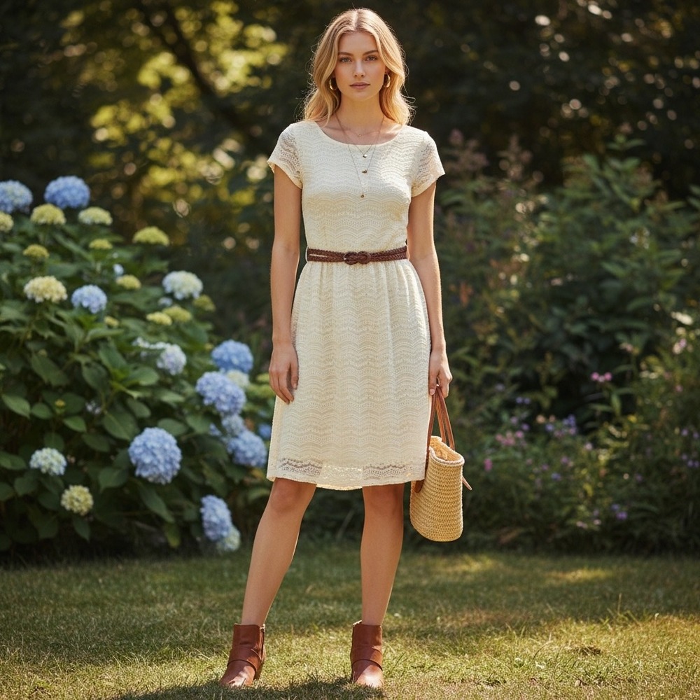 Dressbarn Ivory Lace Fit Flare‎ Dress Belted Cottagecore Boho Crochet Cowgirl 4